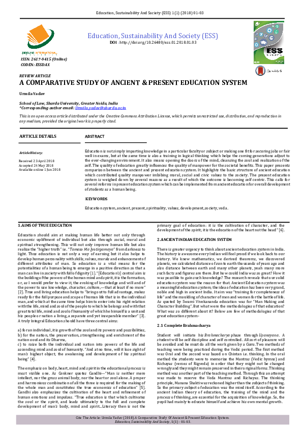 Pdf A Comparative Study Of Ancient Amp Present Education System