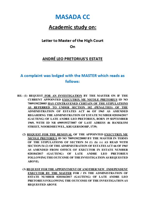 Pdf Academic Study Letter To Master Of The High Court On Andr Leo Pretorius S Estate Masada