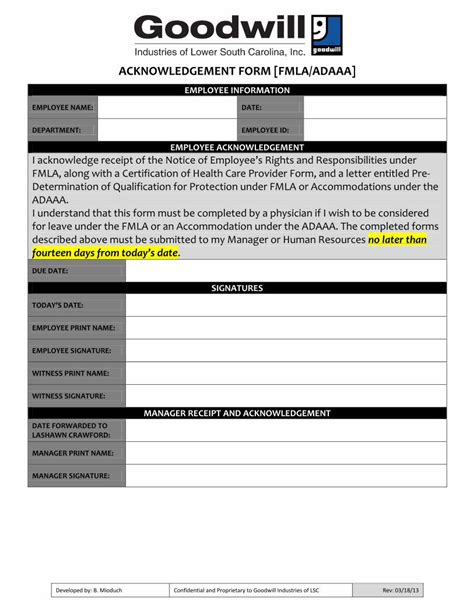 Pdf Acknowledgement Form Fmla Adaaa Gwlsc Manager Receipt And Acknowledgement Date