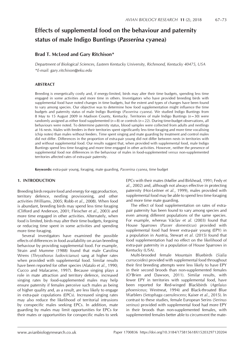 Pdf Effects Of Supplemental Food On The Behaviour And Paternity Status Of Male Indigo Buntings