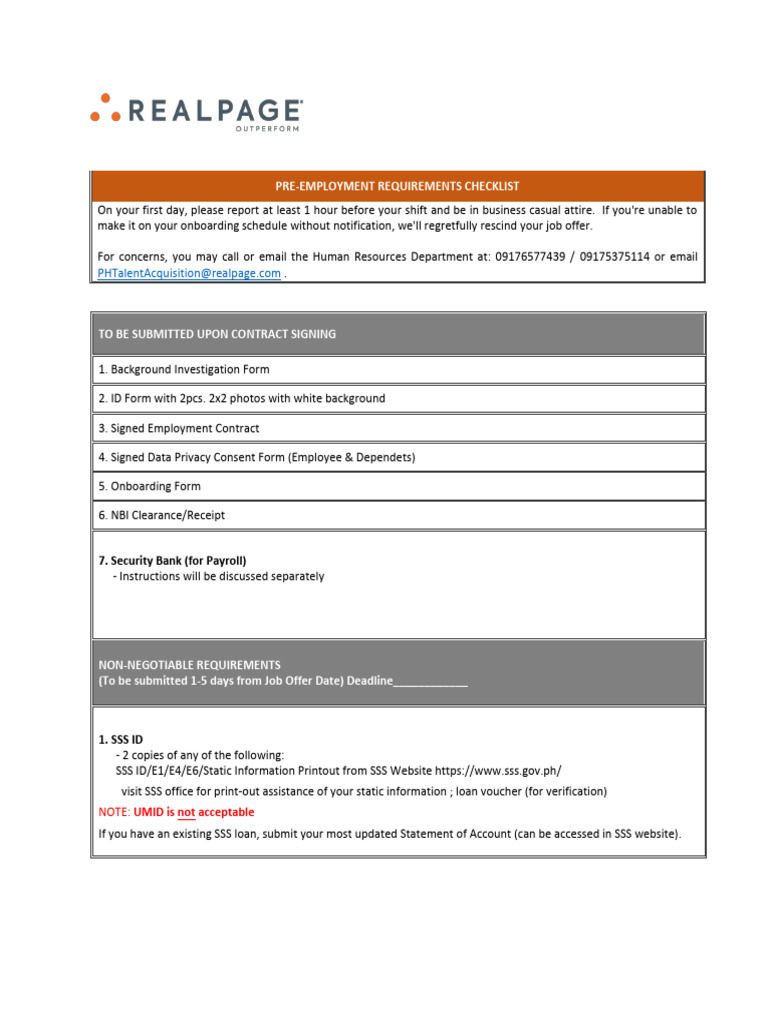 Pdf Pre Employment Requirements Checklist Regular Employment A