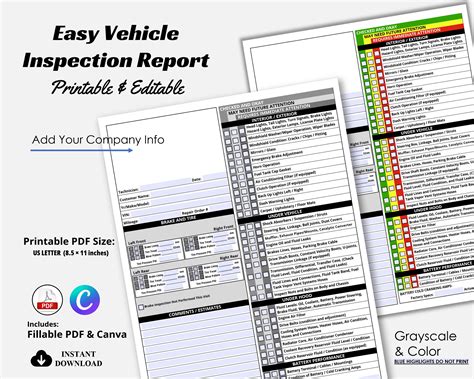 Pdf Printable Vehicle Inspection Report Canva Template Editable Car Or