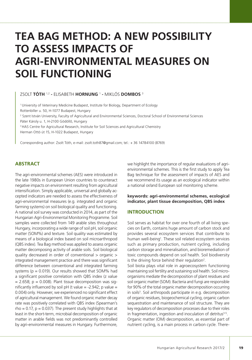 Pdf Tea Bag Method A New Possibility To Assess Impacts Of Agri Environmental Measures On Soil