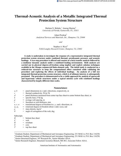 Pdf Thermal Acoustic Analysis Of A Metallic Integrated Thermal