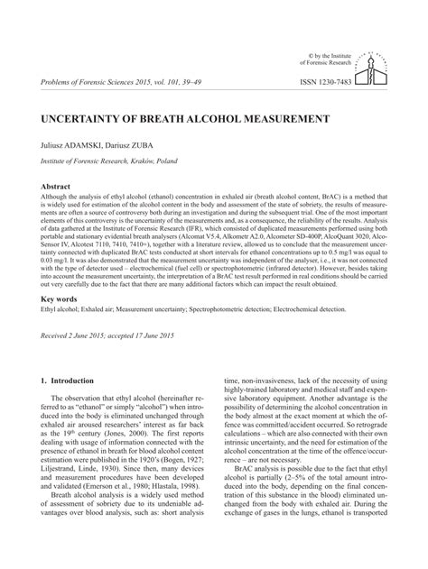 Pdf Uncertainty Of Breath Alcohol Measurement