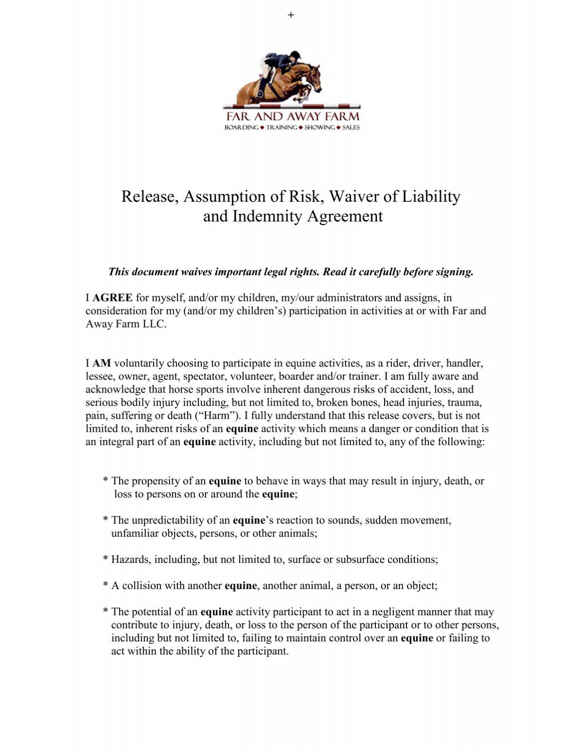 Pdf Waiver Of Liability Assumption Of Risk Covenant Waiver Of