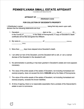 Pennsylvania No Minors Estate Affidavit Form 2022