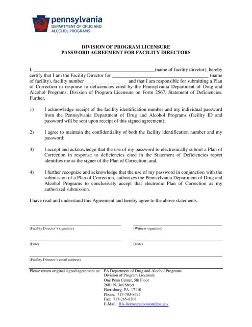 Pennsylvania Password Agreement For Facility Directors Fill Out Sign