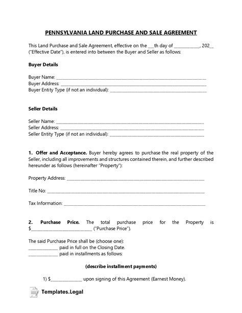 Pennsylvania Purchase Agreement Templates Free Word Pdf Odt