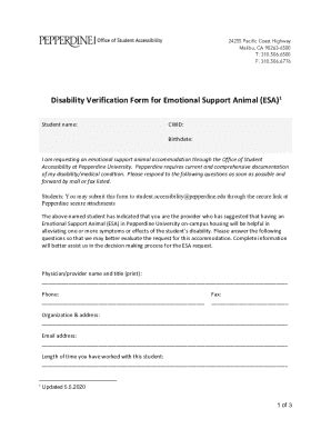 Pepperdine University Disability Verification Form For Emotional Support Animal Esa 2020 2024 Fill And Sign Printable Template Online