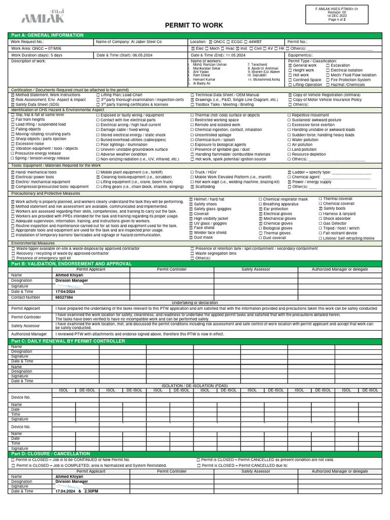 Permit To Work Form Pdf Nature