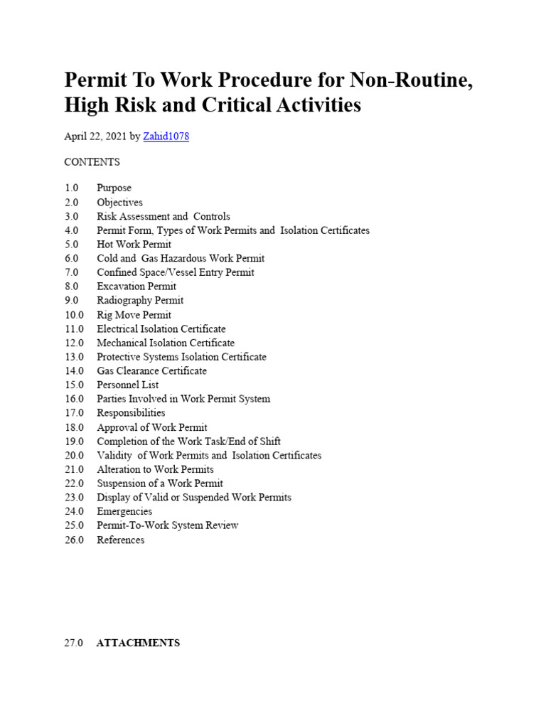 Permit To Work Procedure For Non Routine High Risk And Critical Activities Paktechpoint