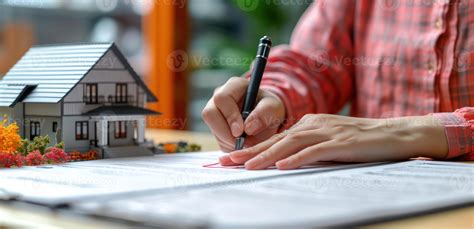 Person Signing Document At Desk Near House Model Sealing A Real Estate