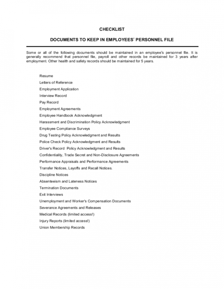 Personnel File Checklist Template Dremelmicro