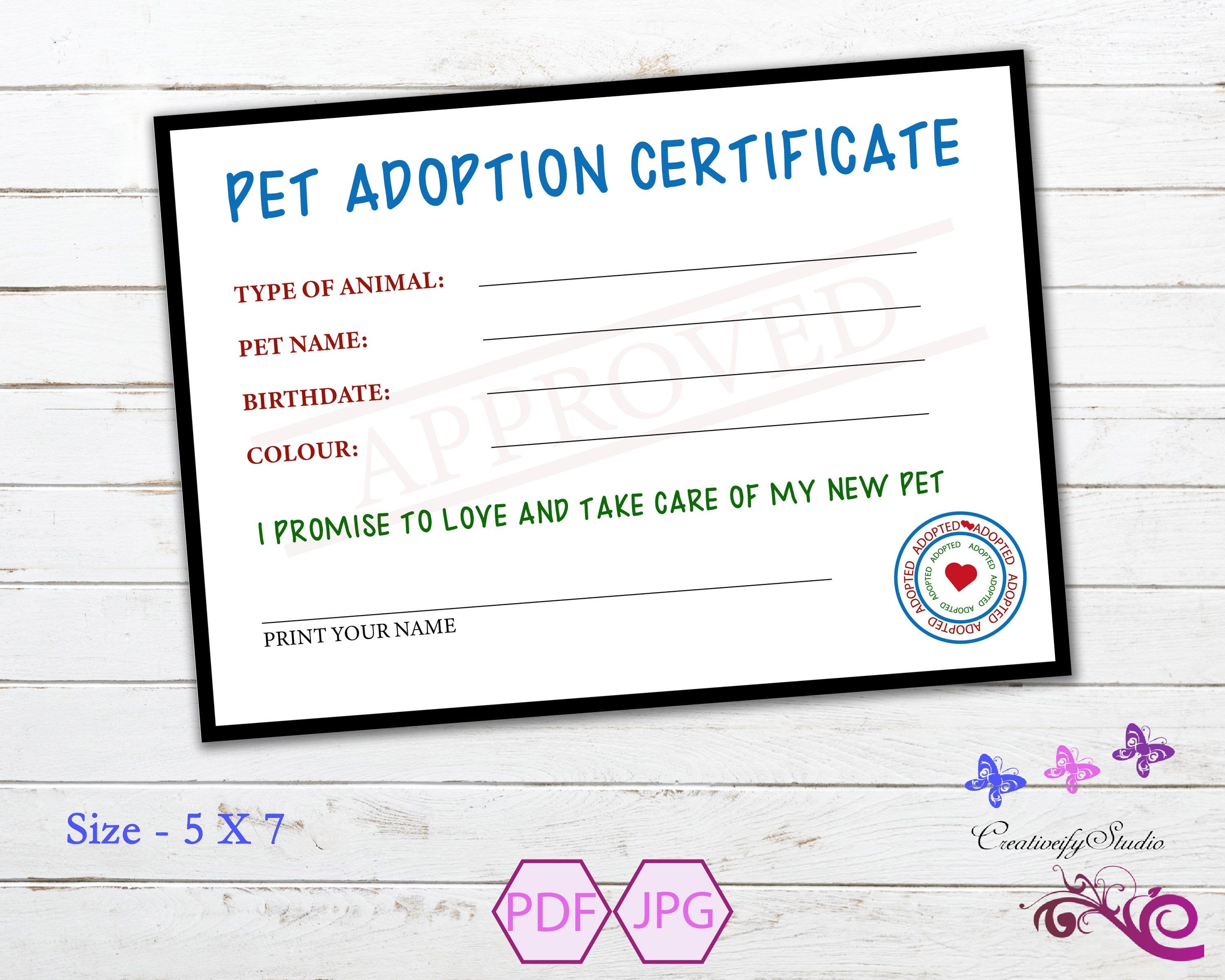 Pet Adoption Certificate Dog Adoption Cat Adoption Adopt An Etsy