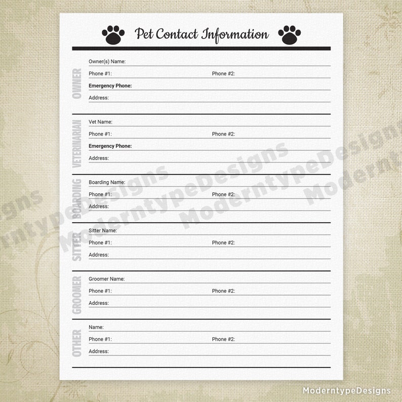 Pet Forms Kit For Pet Owners Printable Pet Documents Pet Etsy Dog