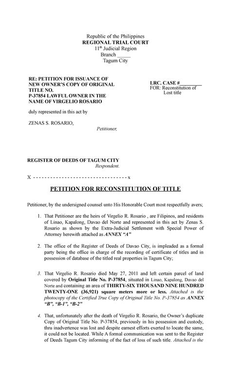 Petition For Reconstitution Of Title Virgelio Rosario Republic Of The Philippines Regional