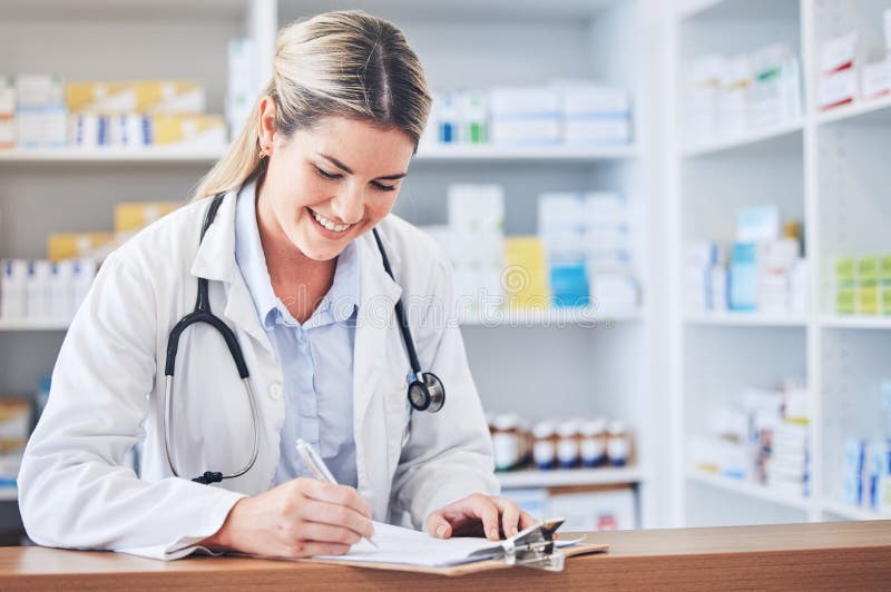 Pharmacy Medicine And Doctor Writing Prescription With Documents