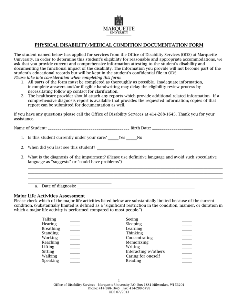 Physical Medical Disability Documentation Form