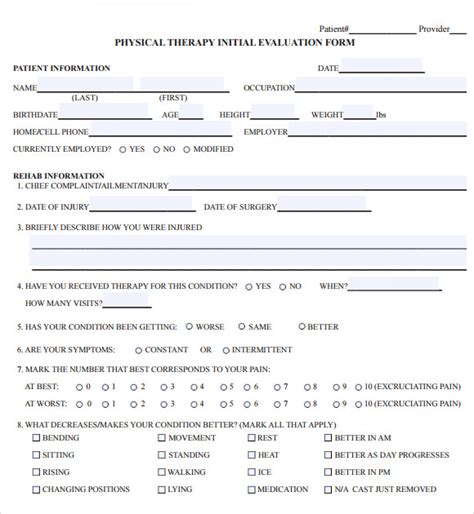 Physical Therapy Evaluation Form Template Fill Online Printable