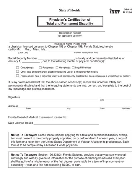 Physicians Certification Of Total And Permanent Disability Form In New