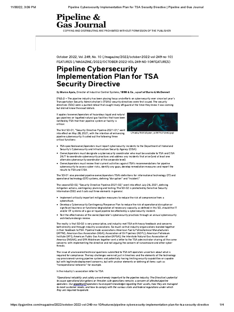 Pipeline Cybersecurity Implementation Plan For Tsa Security Directive