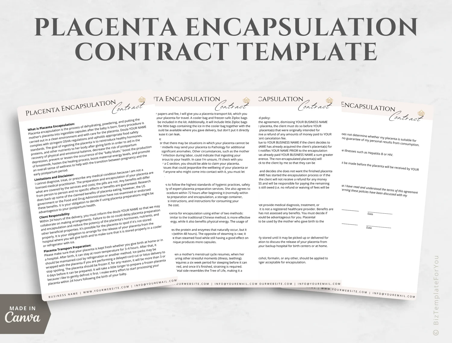 Placenta Encapsulation Service Agreement Doula Paperwork Fully Editable Template For Doulas