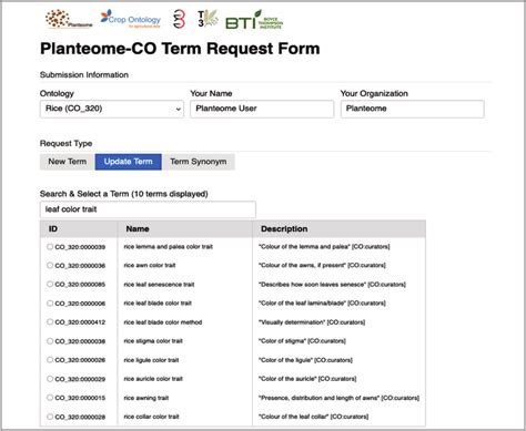 Planteome Co Term Request Form Curators Or Ontology Users Can Submit