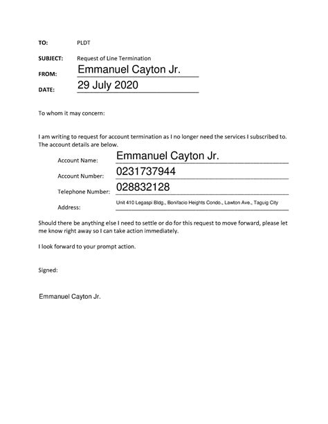 Pldt Letter Of Request For Termination Letter Of Request For Account Termination January 4