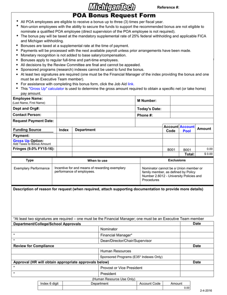 Poa Bonus Request Form