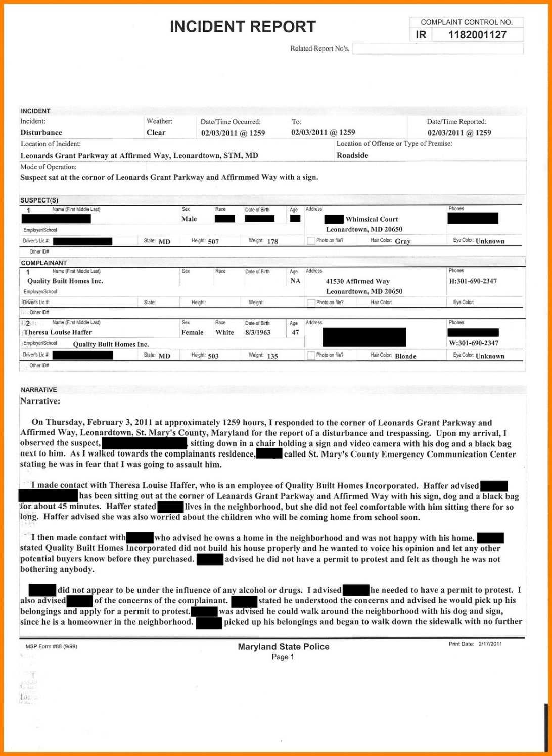 Police Report Example Template Business