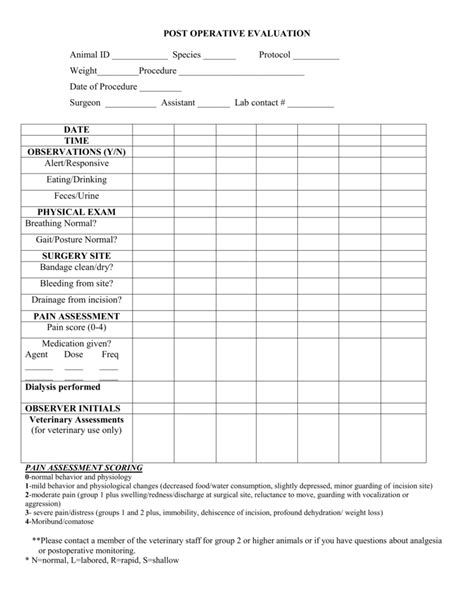 Post Operative Evaluation Form