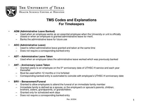 Ppt Tms Codes And Explanations For Timekeepers Powerpoint