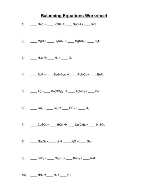 Practice Balancing Chemical Equations Worksheets