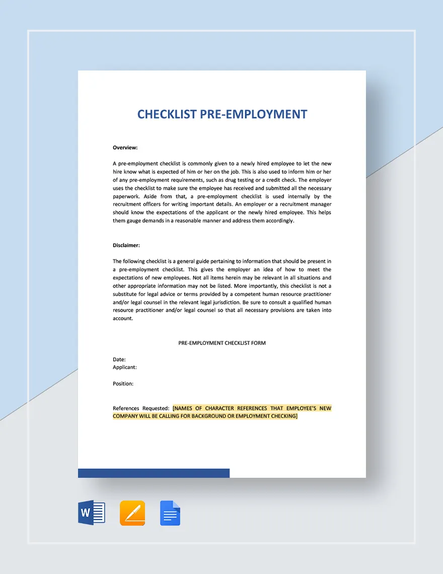 Pre Employment Checklist Template