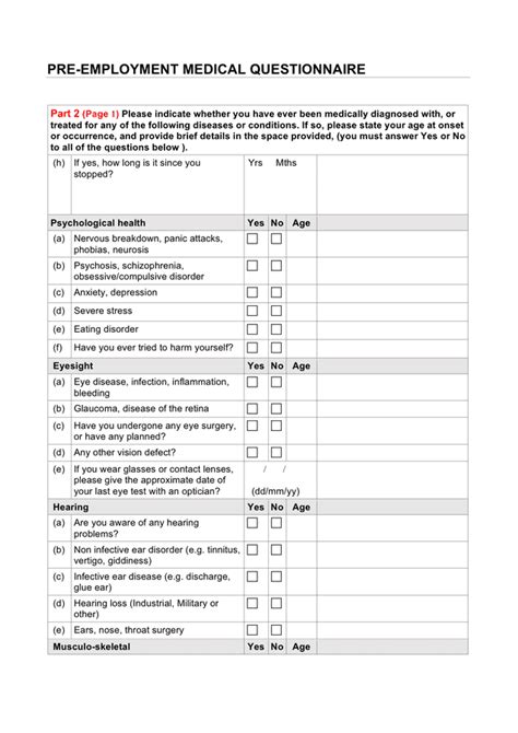 Pre Employment Medical Questionnaire Template In Word And Pdf Formats