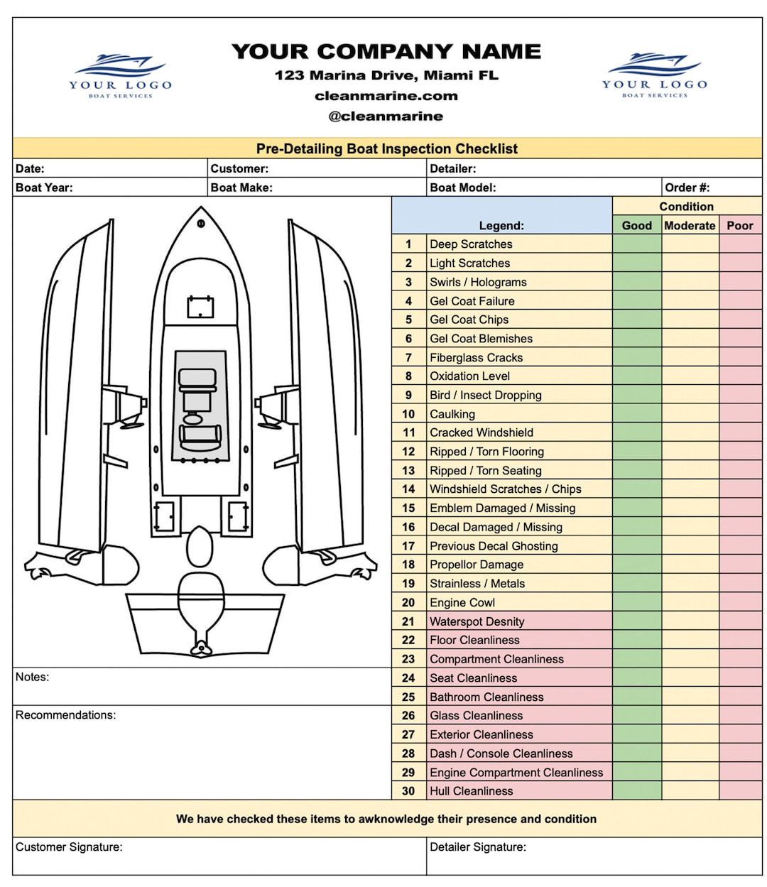 Pre Inspection Boat Detailing Checklist Form For Detailing Service