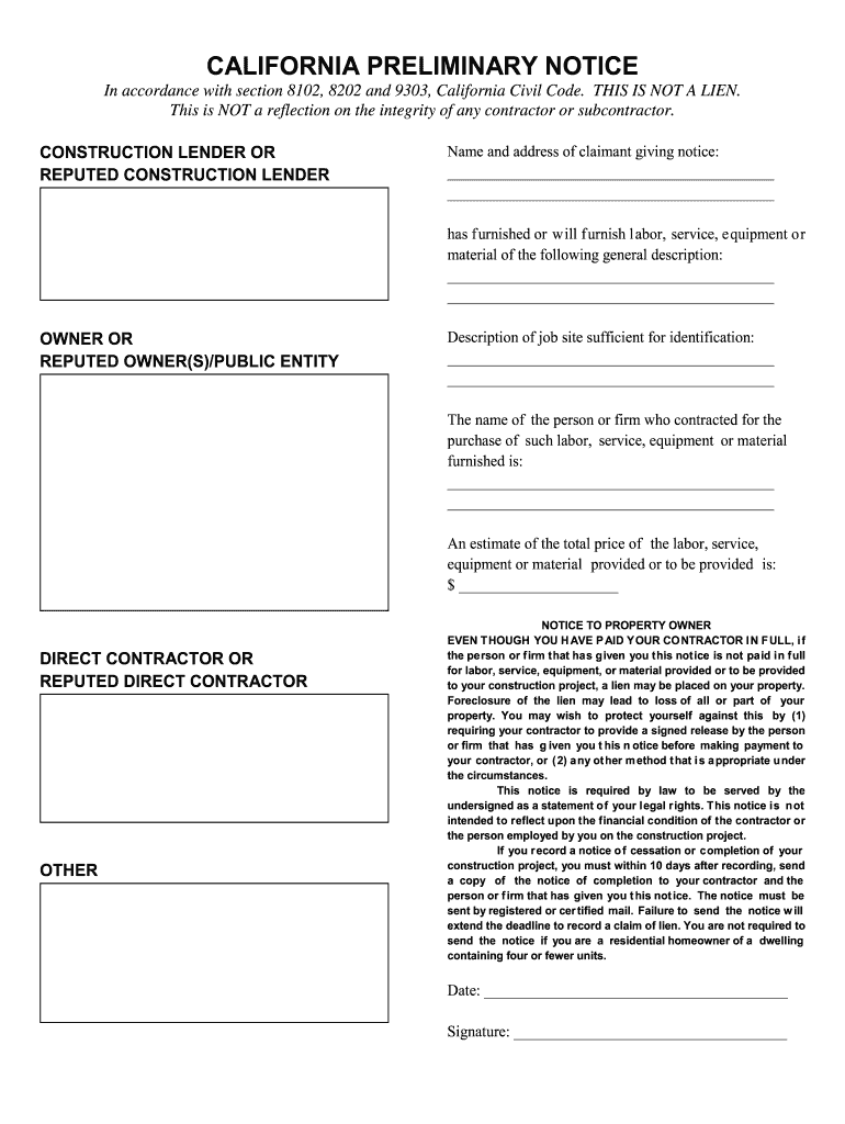 Preliminary Printable Lien Form Printable Forms Free Online