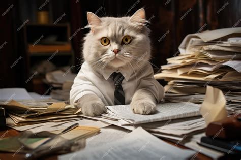 Premium Ai Image Business Cat Working With Paperwork At Office