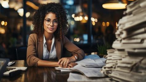 Premium Ai Image Portrait Of Young Black Businesswoman Sitting At Table With Lot Of Paperwork