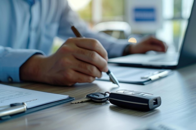 Premium Photo Man Buys New Car At Dealership Signs Paperwork