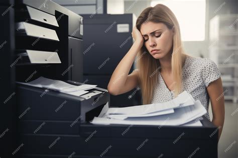 Premium Photo Stressed Female Employee Duplicate Paperwork In Copy