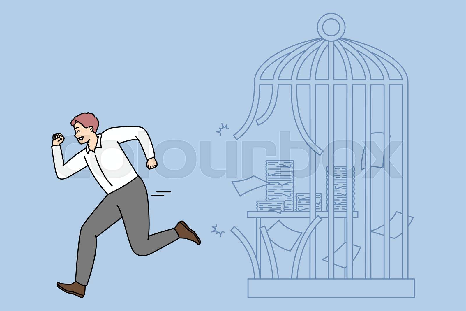 Premium Vector Happy Businessman Escape Cage With Paperwork Quit Office Job Excited Male