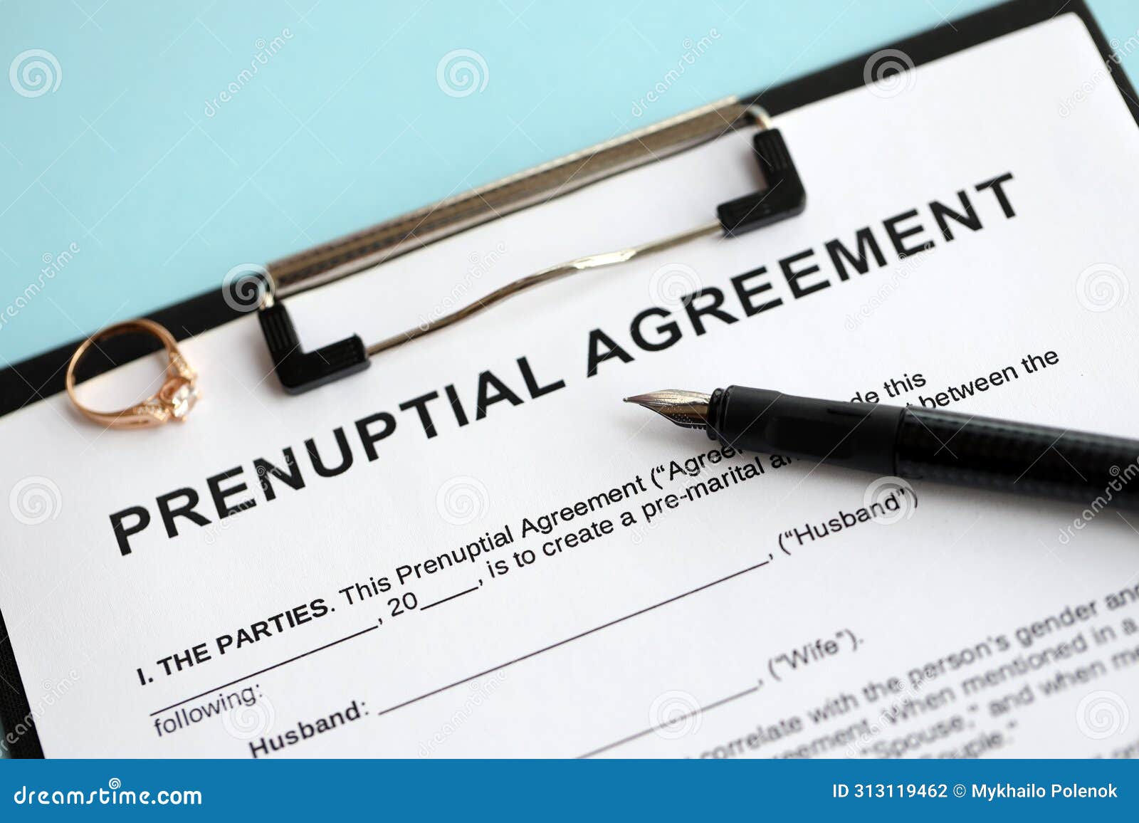 Prenuptial Agreement And Wedding Ring On Table Premarital Paperwork Process In Usa Stock Image