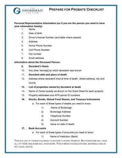 Preparing For Probate Checklist The Grossman Law Firm Apc