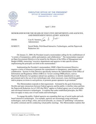 Presidential Memo Social Media And The Paperwork Reduction Act Pdf