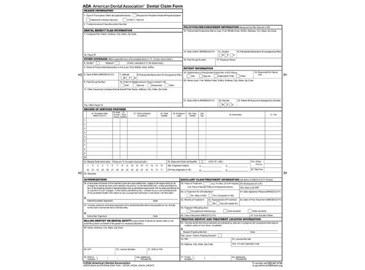 Printable Ada Dental Claim Form 2024