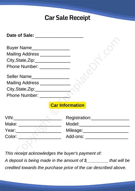 Printable Car Sale Receipt