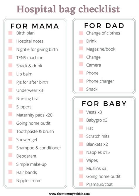 Printable Checklist For Hospital Bag