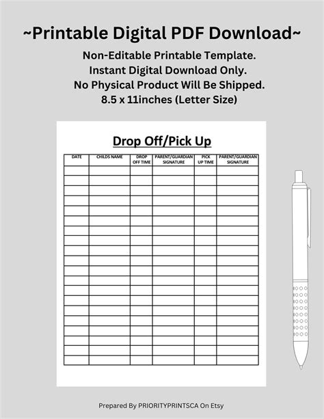 Printable Child Drop Off Pick Up Sheet Daycare Camps Summer Etsy